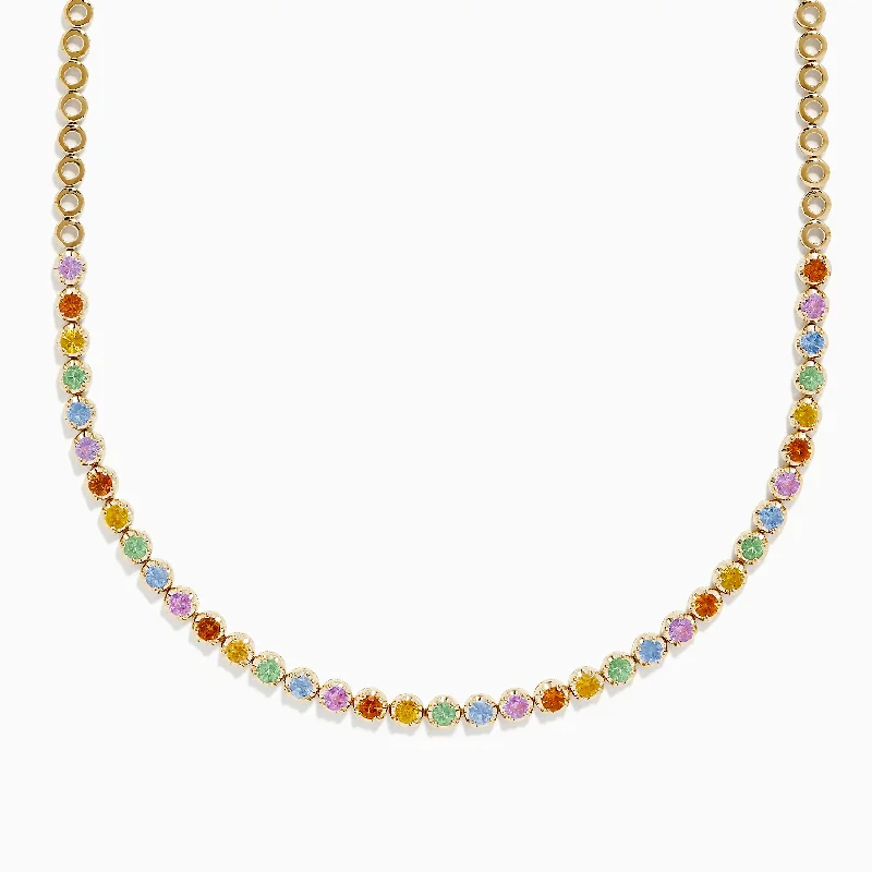 Trendy bar necklaces with initials-Watercolors 14K Yellow Gold Multi Sapphire and Diamond Necklace