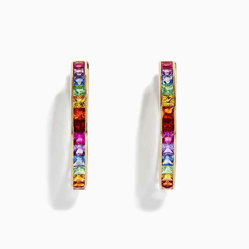 Special Occasion Earrings For Glamorous Looks-Watercolors 14K Yellow Gold Multi Sapphire 1" Hoop Earrings, 4.79 TCW