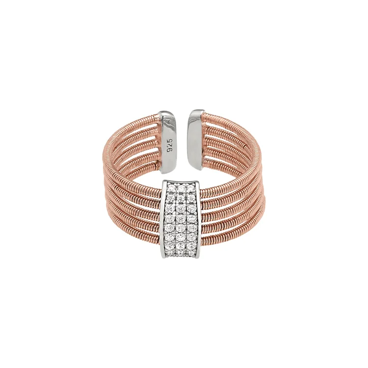 Personalized engagement rings-Rose Gold Finish Sterling Silver Multi Cable Cuff Ring with Rhodium Finish Simulated Diamond Three Rows