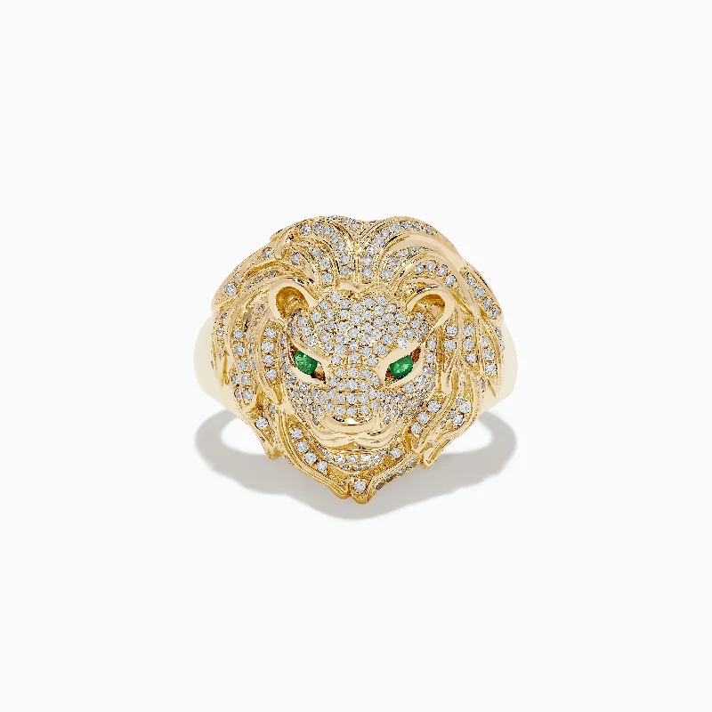 Custom rings for men-Men's 14K Yellow Gold Emerald and Diamond Lion Ring