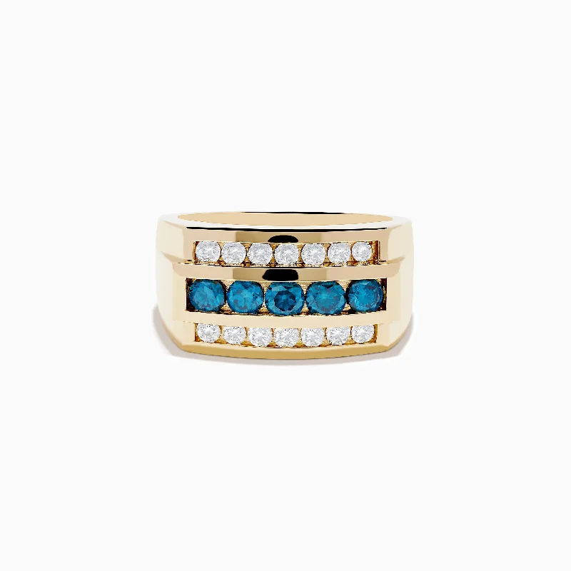 White sapphire rings-Men's 14K Yellow Gold Blue and White Diamond Ring