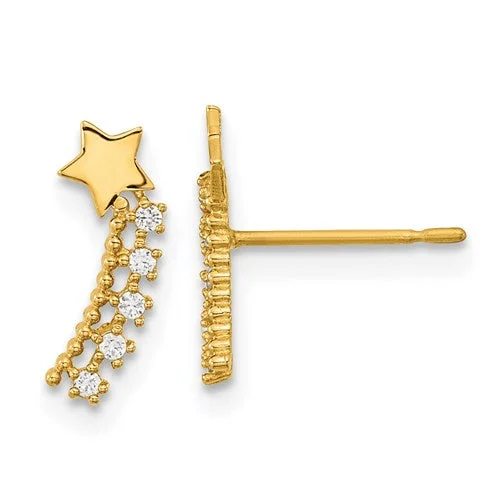 Sparkling Earrings For Special Occasions-14k Yellow Gold Solid CZ Shooting Star Post Climber Earrings