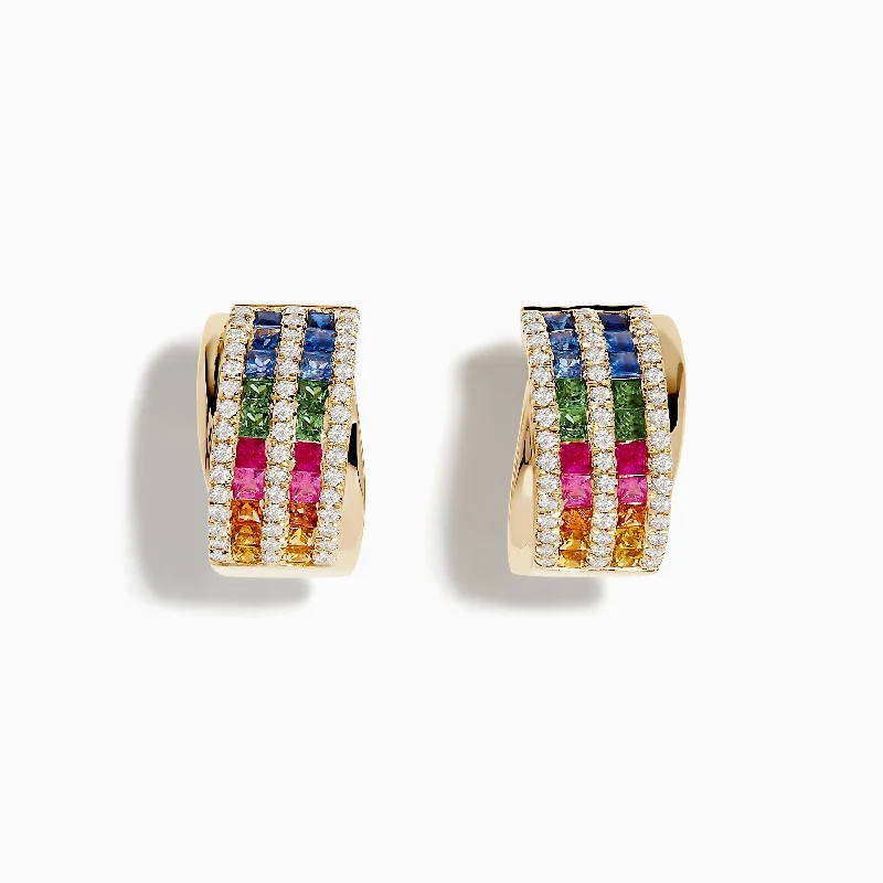 Classic Stud Earrings For Women-Watercolors 14K Gold Multi Sapphire and Diamond Hoop Earrings