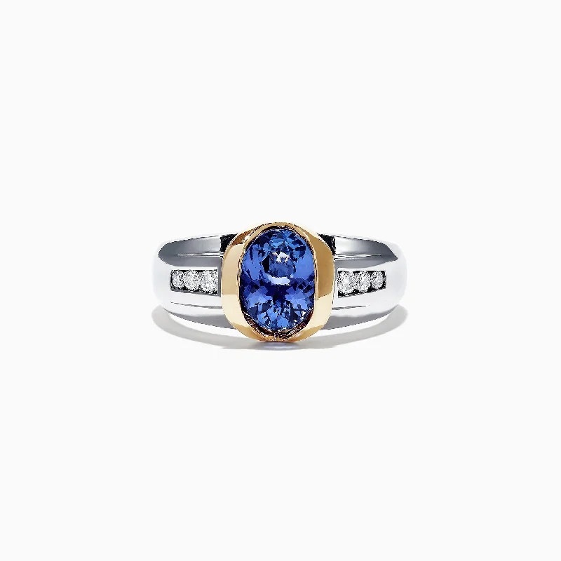 Wedding bands with gemstones-Men's 14K Two-Tone Gold Tanzanite Diamond Ring, 1.90 TCW