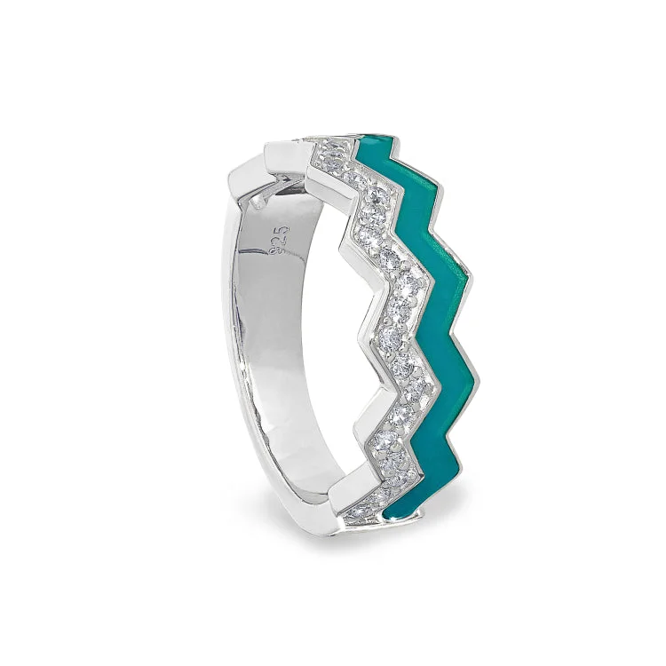 Women’s rings-Platinum Finish Sterling Silver Micropave Ring with with Turquoise Enamel and Simulated Diamondss