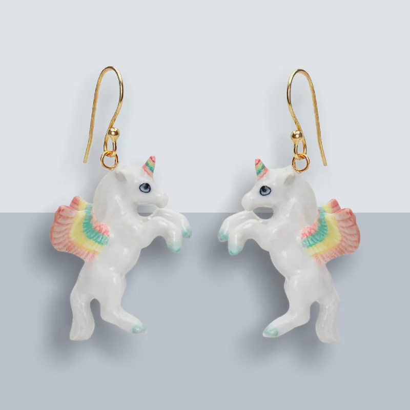 Fancy Earrings For Formal Gatherings-Flying Unicorn Pastel Rainbow earrings by AndMary