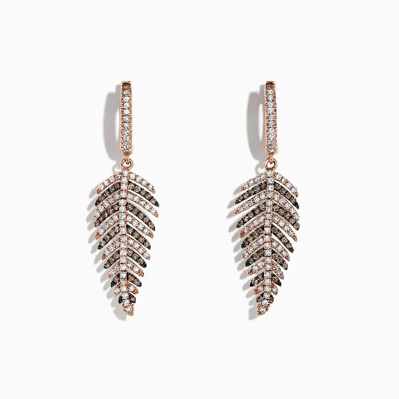 Elegant Silver Earrings For Evening Style-14K Rose Gold Espresso & White Diamond Leaf Earrings, 1.05 TCW