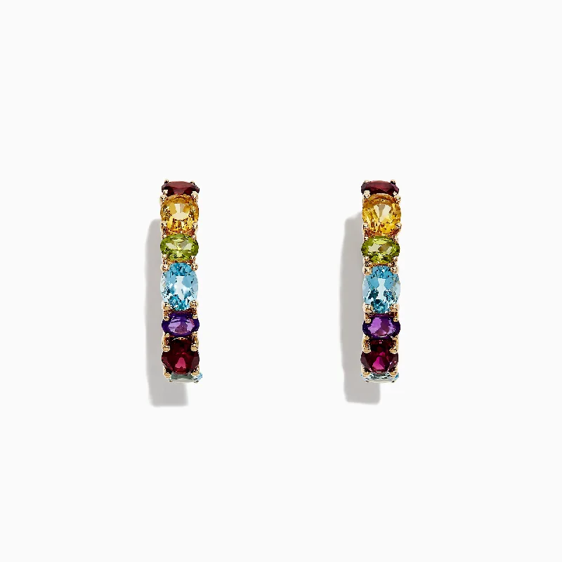 Gold Earrings For Casual Style-Mosaic 14K Yellow Gold Multi Gemstone Hoop Earrings, 4.05 TCW