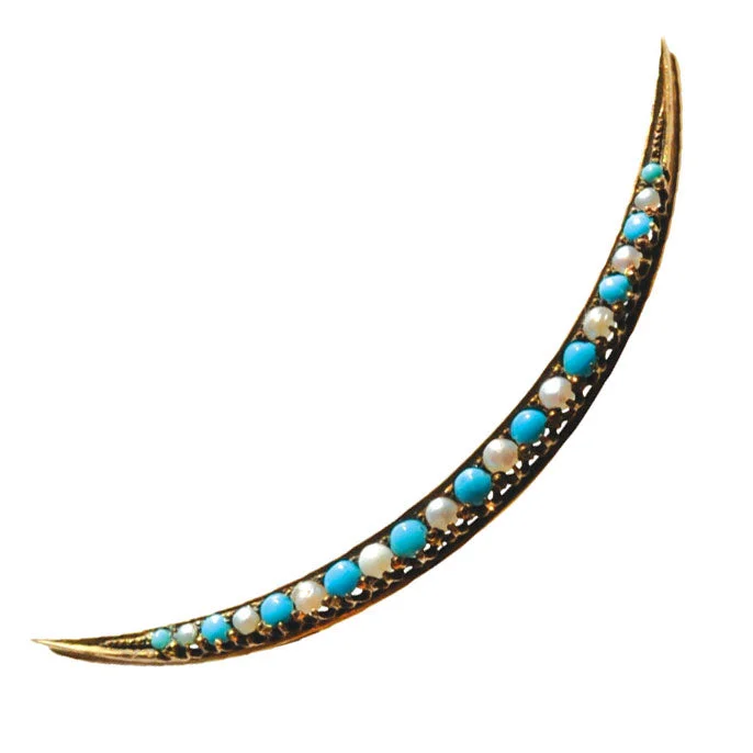 Diamond Brooch-Turquoise & Pearl Crescent Brooch