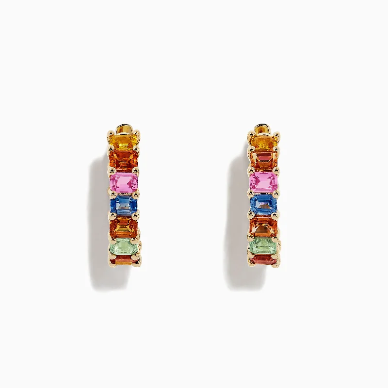 Custom Made Earrings For Personalized Gifts-Watercolors 14K Yellow Gold Multi Sapphire Hoop Earrings, 6.42 TCW