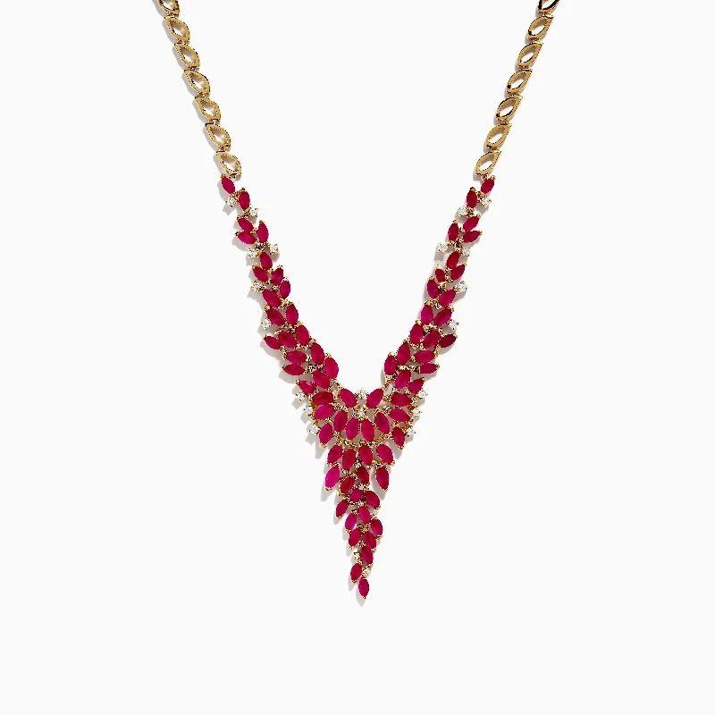 Elegant pendant necklaces for gifting-Ruby Royale 14K Yellow Gold V Shape Ruby Statement Necklace, 9.87 TCW