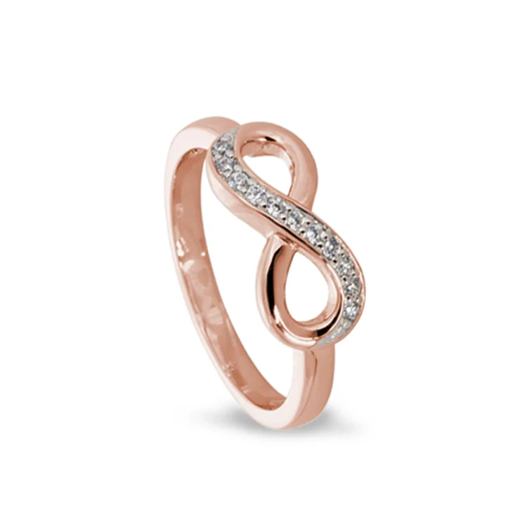 Gold diamond rings-Rose Gold Finish Sterling Silver Micropave Infinity Ring with Simulated Diamonds