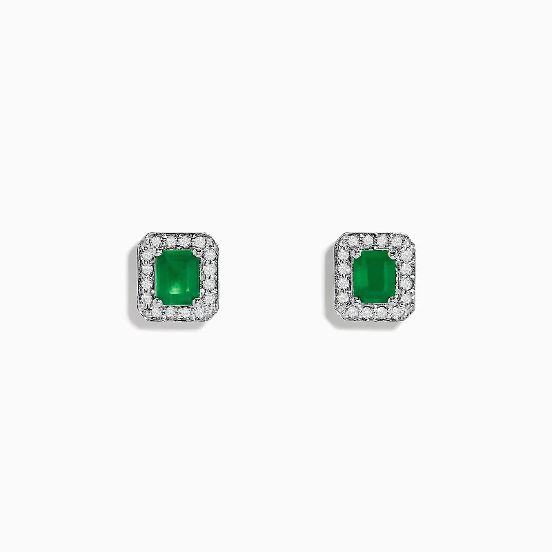 Cute Pearl Earrings For Timeless Fashion-14K White Gold Emerald and Diamond Stud Earrings, 1.11 TCW