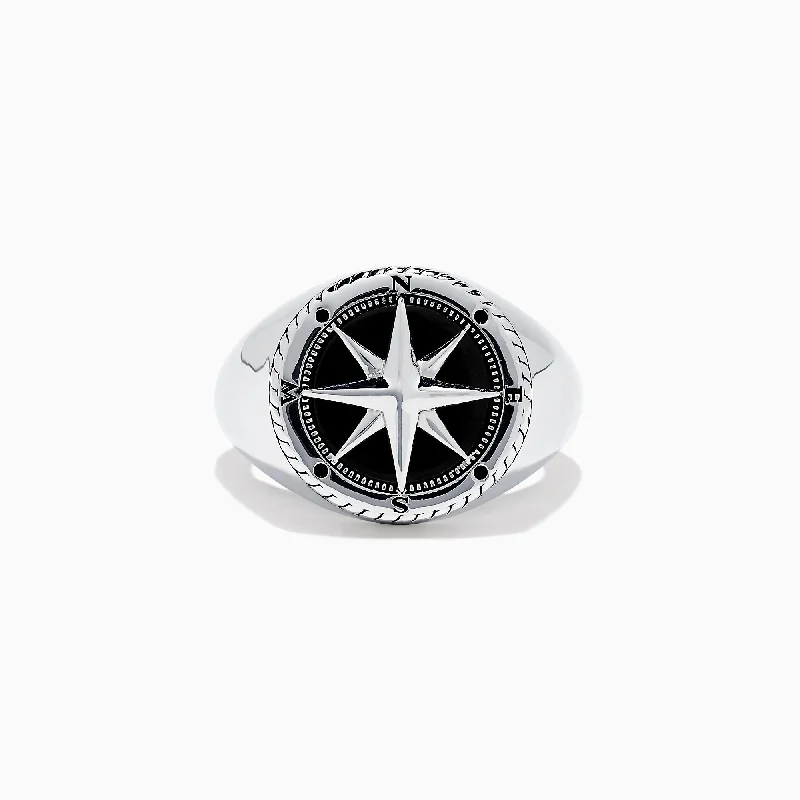 Designer rings for men-Men's Sterling Silver Onyx Compass Ring, 2.61 TCW