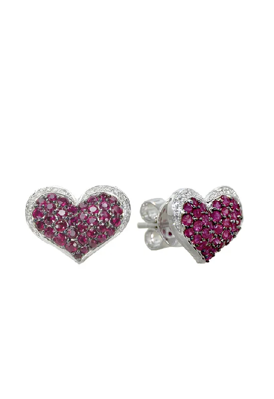 Trendy Earrings For Street Fashion-14K White Gold Ruby and Diamond Heart Earrings, 1.00 TCW