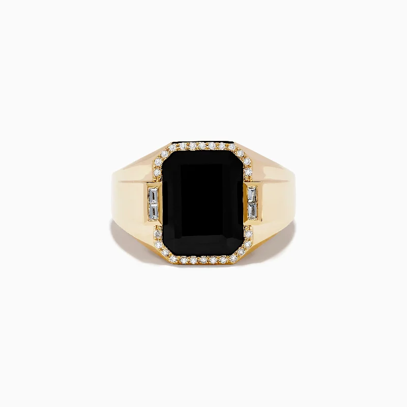 Affordable promise rings-Men's 14K Yellow Gold Onyx and Diamond Ring