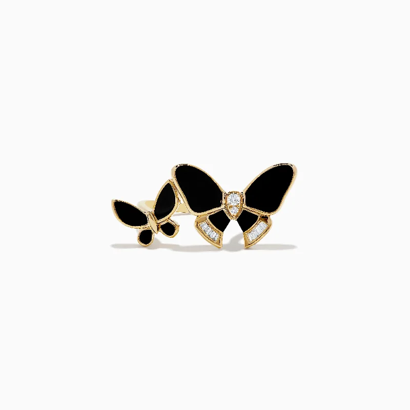 Custom diamond wedding rings-Safari 14K Yellow Gold Diamond and Onyx Butterfly Ring