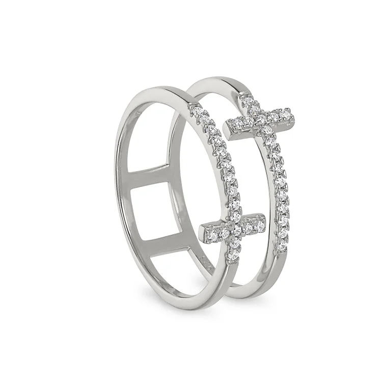 Classic wedding bands-Platinum Finish Sterling Silver Micropave Double Cross Ring with Simulated Diamonds