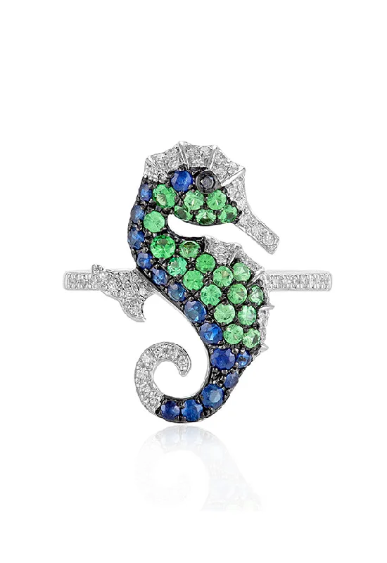 Custom diamond rings for women-Seaside 14K White Gold Multi Gemstone and Diamond Seahorse Ring