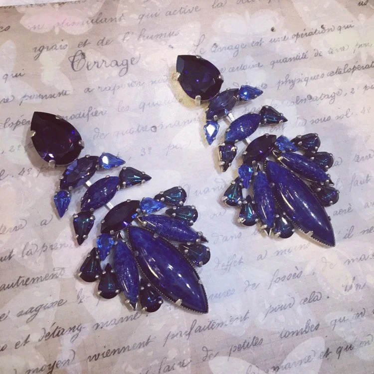 Fancy Earrings For Holiday Parties-Lapis Vintage Glass Statement Earrings by Frangos