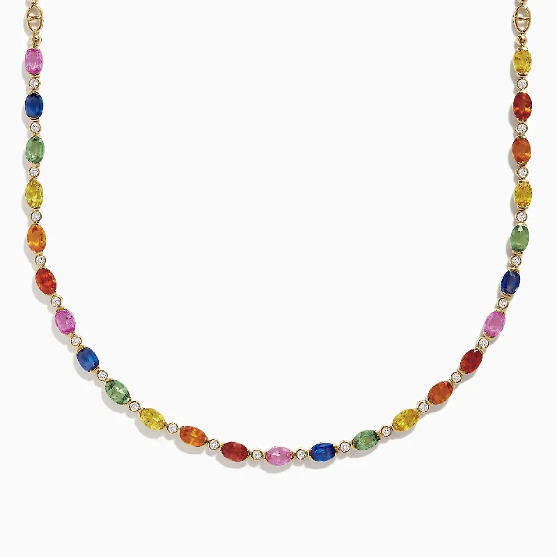 Simple gemstone necklaces for everyday use-Watercolors 14K Gold Multi Sapphire and Diamond Necklace, 14.72 TCW