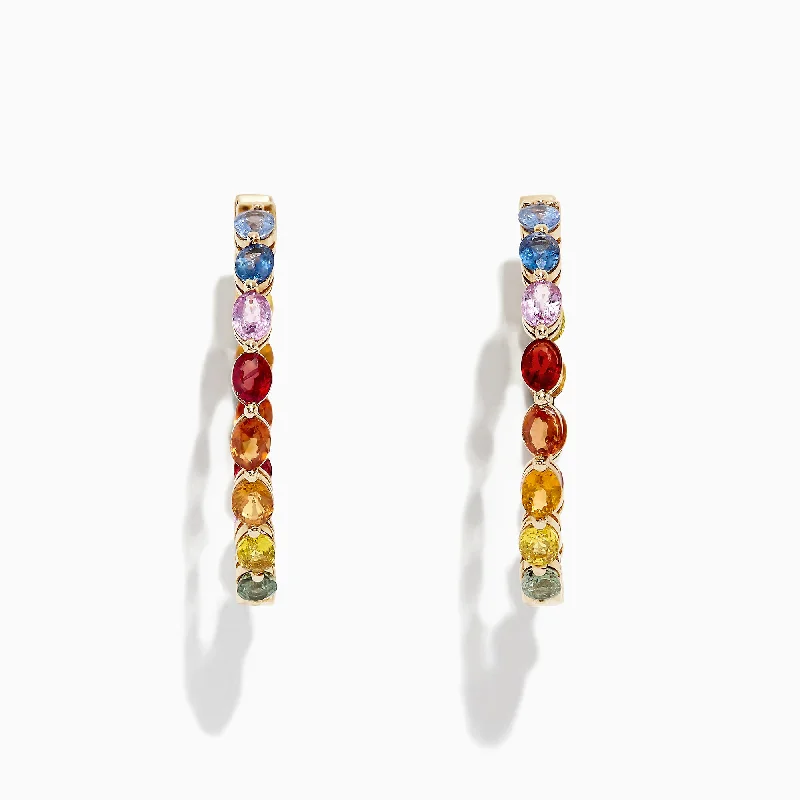 Classic Pearl Earrings For Formal Events-Watercolors 14K Yellow Gold Multi Sapphire 1" Hoop Earrings, 6.18 TCW