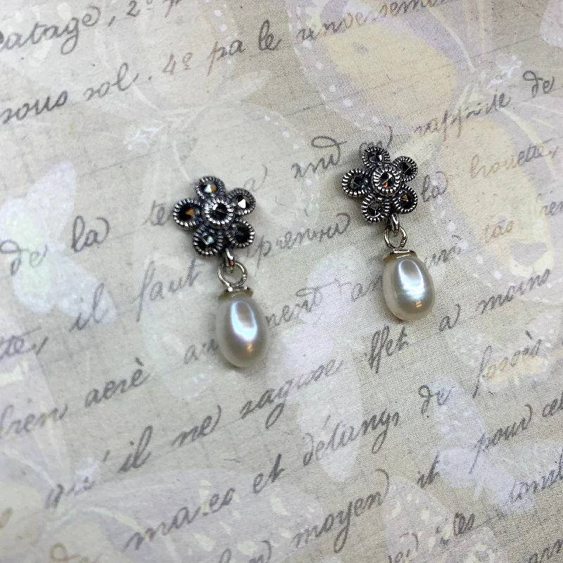 Elegant Diamond Earrings For Luxury Look-Real pearl drop Earrings silver Marcasite vintage bride