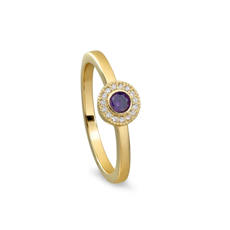 Luxury engagement rings for women-Gold Finish Sterling Silver Micropave Round Simulated Amethyst Ring with Simulated Diamonds Size 5