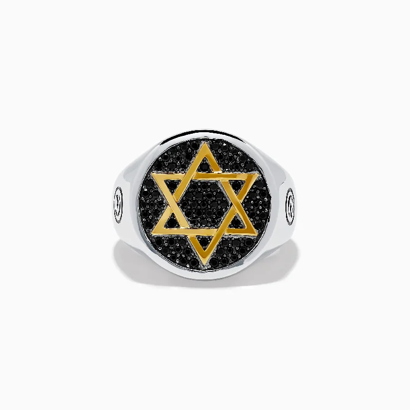 Couples engagement rings-Men's 925 Sterling Silver and Gold Plated Black Spinel Star of David Ring