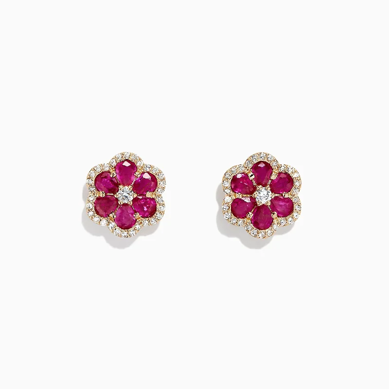 Silver Huggie Earrings For Chic Style-Ruby Royale 14K Yellow Gold Ruby Flower Stud Earrings, 3.18 TCW