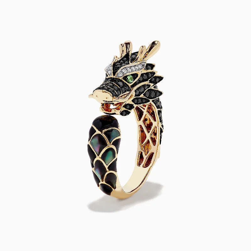 Mixed metal engagement rings-Men's 14K Yellow Gold Tsavorite and Multi Diamond Dragon Ring