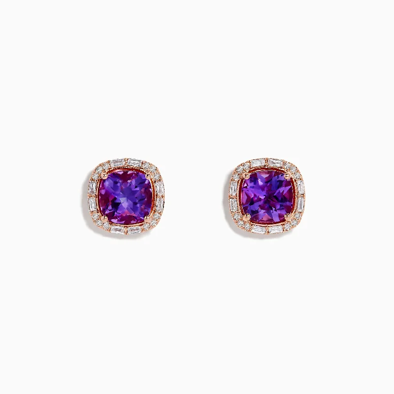 Simple Earrings For Everyday Use-14K Rose Gold Amethyst and Diamond Stud Earrings