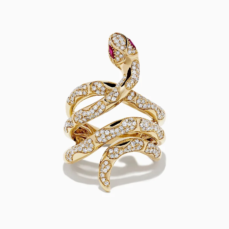 Sapphire wedding bands for men-Safari 14K Yellow Gold Diamond and Ruby Snake Ring, 0.89 TCW