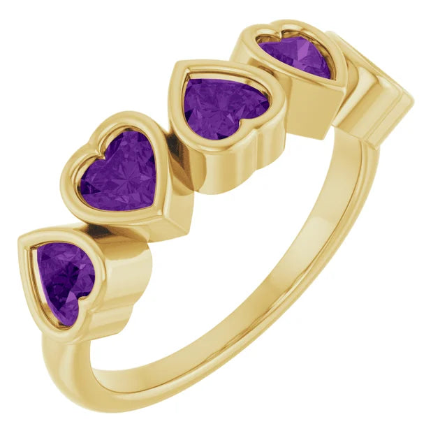 Birthstone rings for couples-14K Gold Natural Amethyst Bezel Set Ring - 5 Stones