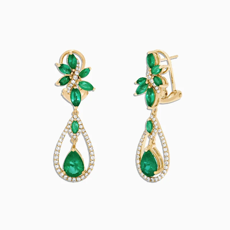 Trendy Pearl Earrings For Daily Use-Brasilica 14K Yellow Gold Emerald and Diamond Earrings, 4.62 TCW