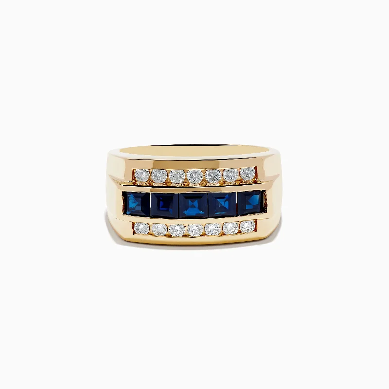 Large diamond engagement rings-Men's 14k Yellow Gold Blue Sapphire and Diamond Ring