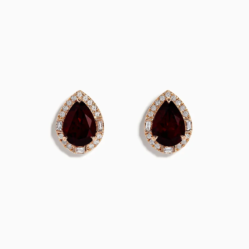 Gold Earrings For Casual Style-14K Rose Gold Garnet and Diamond Earrings