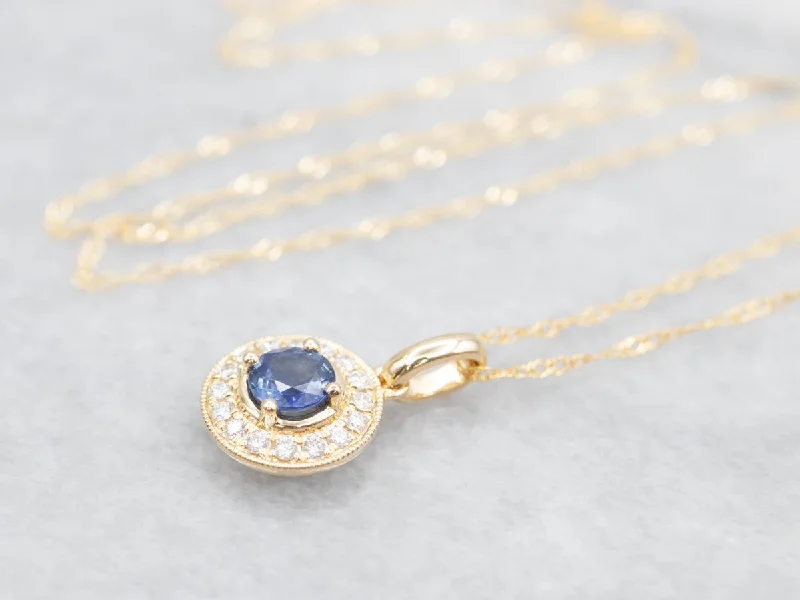 Silver heart necklaces for women-Sapphire and Diamond Halo Pendant Necklace