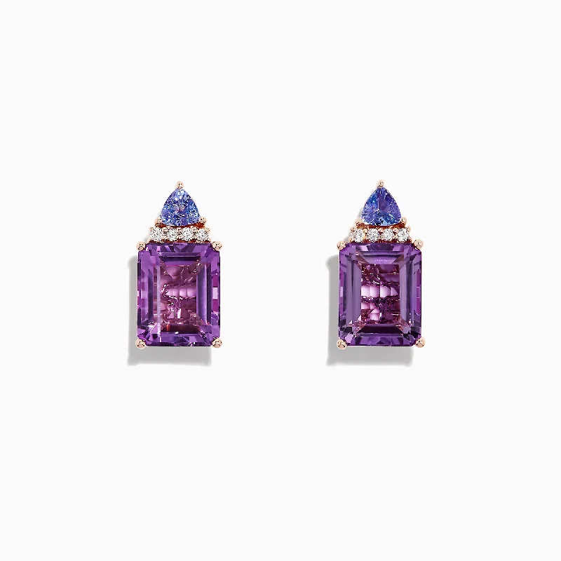 Clip-On Earrings For Non-Pierced Ears-14K Rose Gold Amethyst, Tanzanite and Diamond Earrings, 8.62 TCW