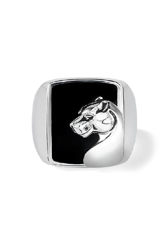 Wedding rings for men with diamonds-Men's Sterling Silver Onyx Panther Ring, 7.90 TCW