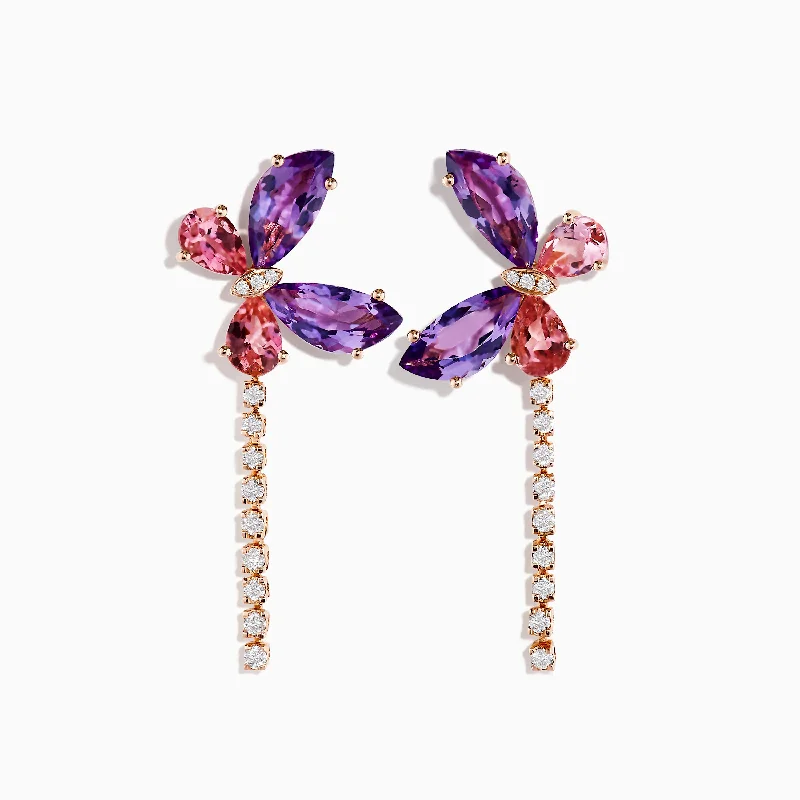 Modern Earrings For Evening Wear-14K Rose Gold Multi-Stone and Diamond Butterfly Drop Earrings