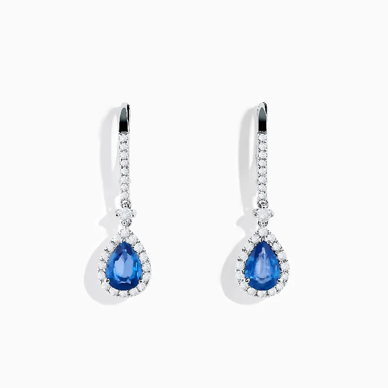 Flower Earrings For Spring Style-14K White Gold Pear Shape Blue Sapphire and Diamond Drop Earrings