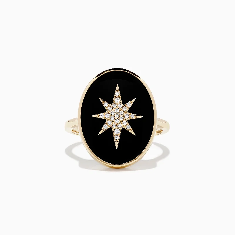 Promise rings for her-Novelty 14K Yellow Gold Onyx and Diamond Star Coin Ring, 7.38 TCW