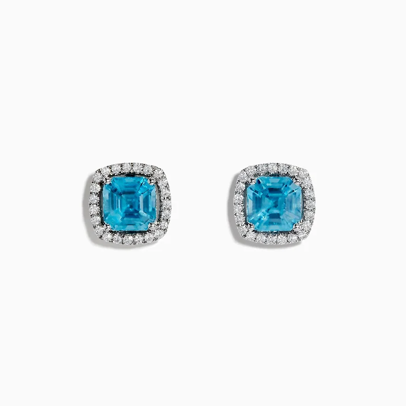 Gold Dangle Earrings For Evening Wear-14K White Gold Blue Zircon and Diamond Stud Earrings