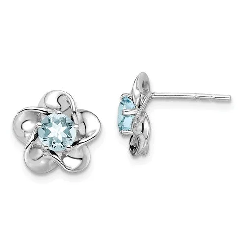 Long Chain Earrings For Fashion Lovers-Sterling Silver Aquamarine Flower Birthstone Stud Post Earrings