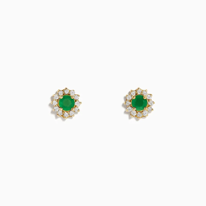 Flower Earrings For Spring Style-14K Yellow Gold Emerald and Diamond Stud Earrings, 0.72 TCW