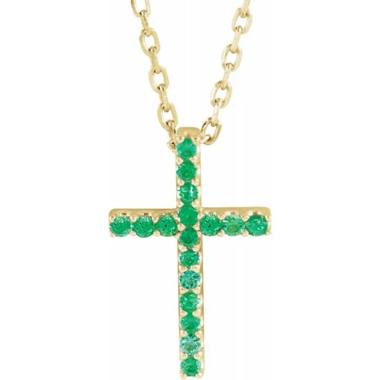 Oval pendant necklaces for men-14K Yellow Natural Emerald Petite Cross 16" Necklace