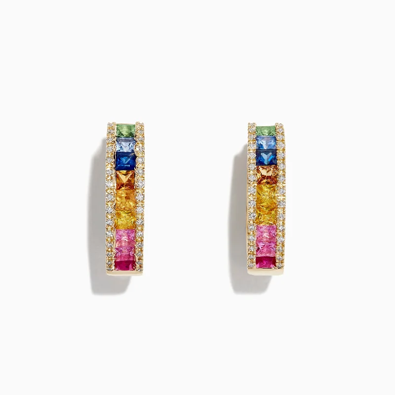 Colorful Earrings For Summer Vibes-Watercolors 14K Gold Multi Sapphire & Diamond 3/4" Hoop Earrings, 2.63 TCW