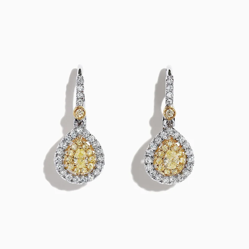 Personalized Earrings For Unique Touch-Canare 18K Two-Tone Gold Double Halo Pear Shaped Yellow Diamond Earrings, 0.99 TCW