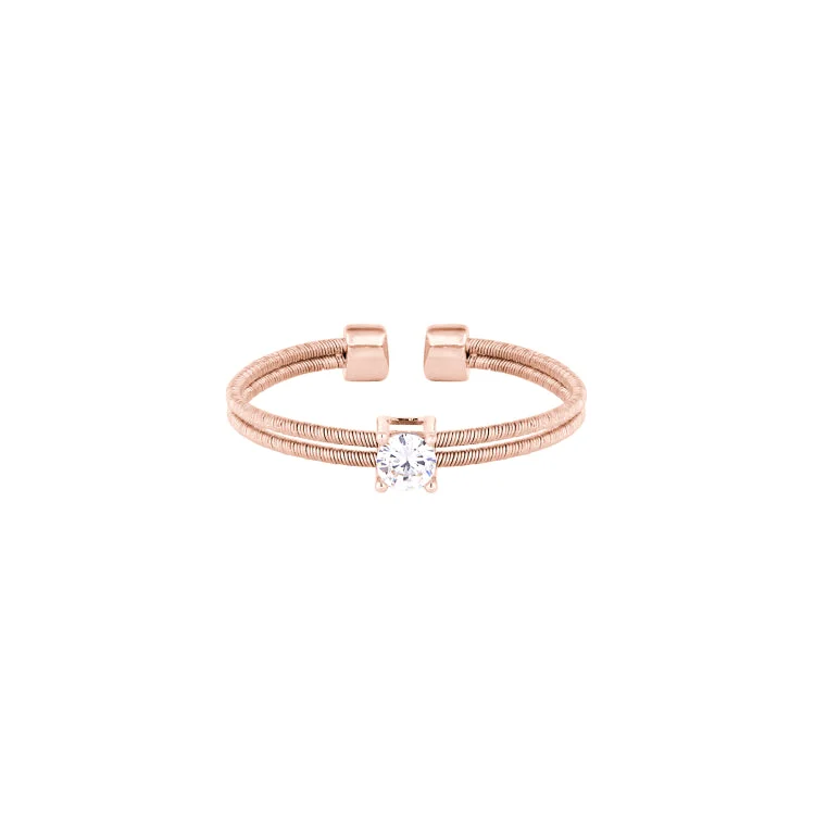 Silver signet rings-Rose Gold Finish Sterling Silver Two Cable Cuff Ring with a Solitaire Simmulated Diamond